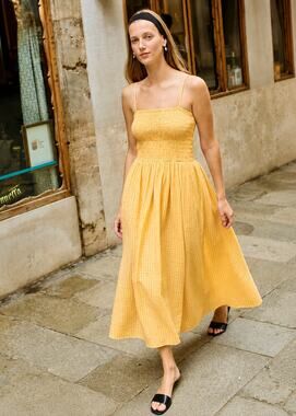Ciao Lucia Maeli Dress S Sun Gauze Yellow Gingham Cotton Smocked Midi NWT